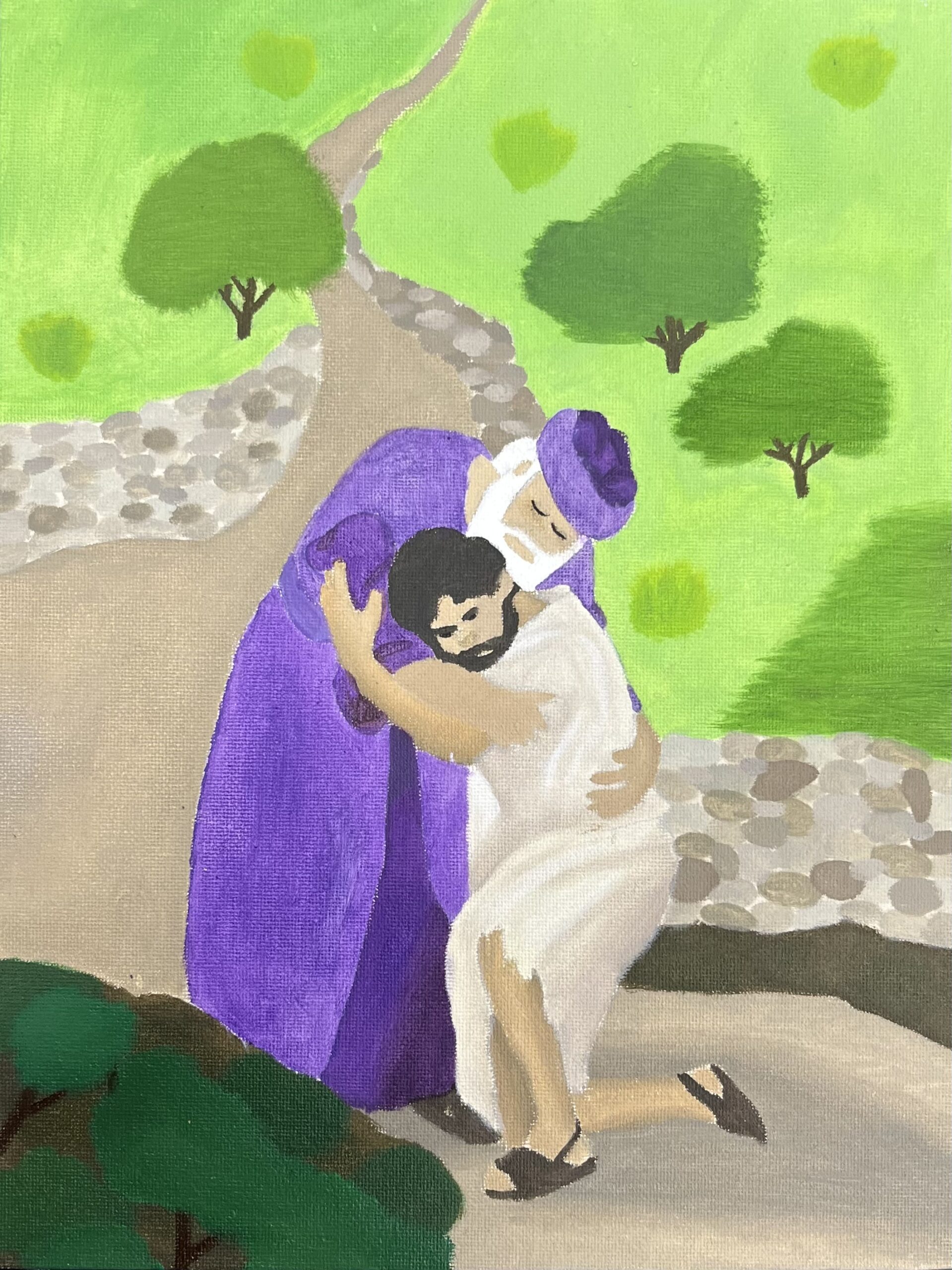 The prodigal son is embraced warmly by his father.