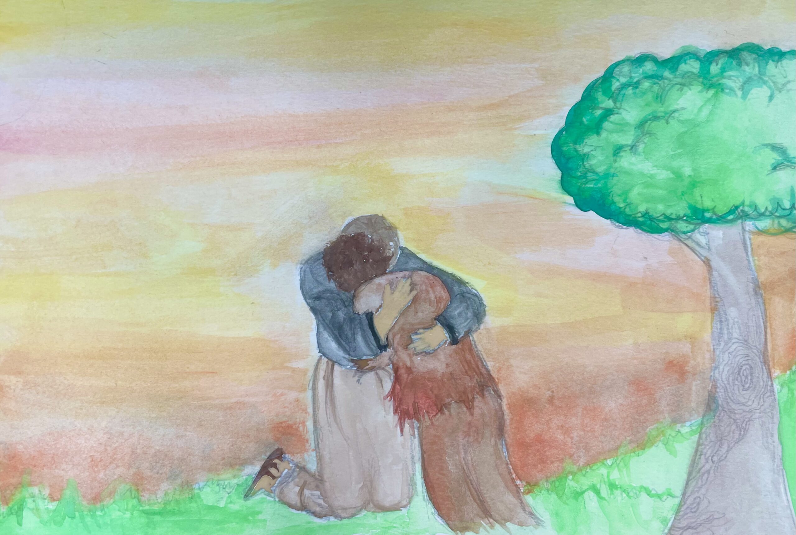 The prodigal son is met with a warm and firm embrace by his father.