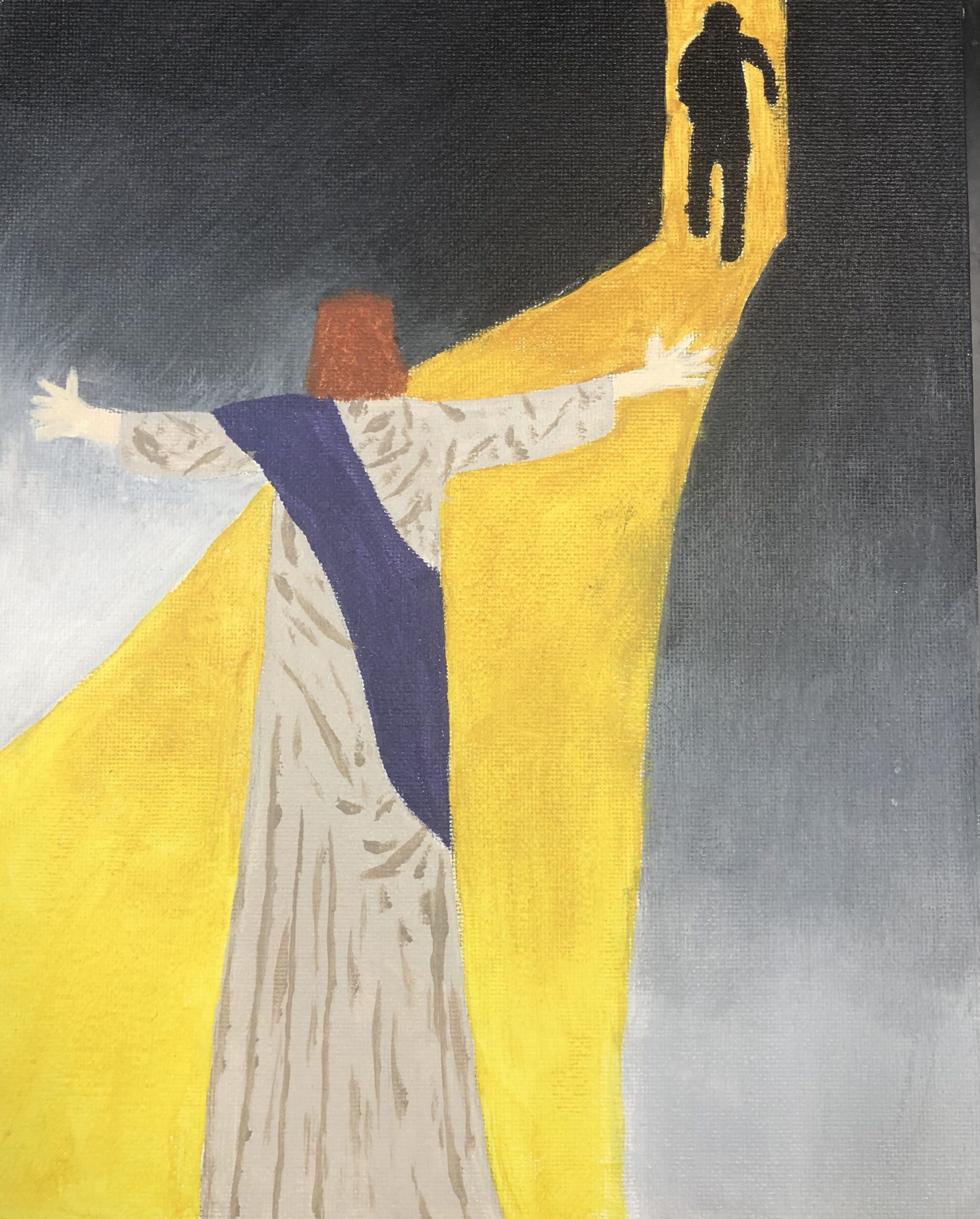 Jesus offers an embrace to a man who can be seen either running to or away from that embrace.