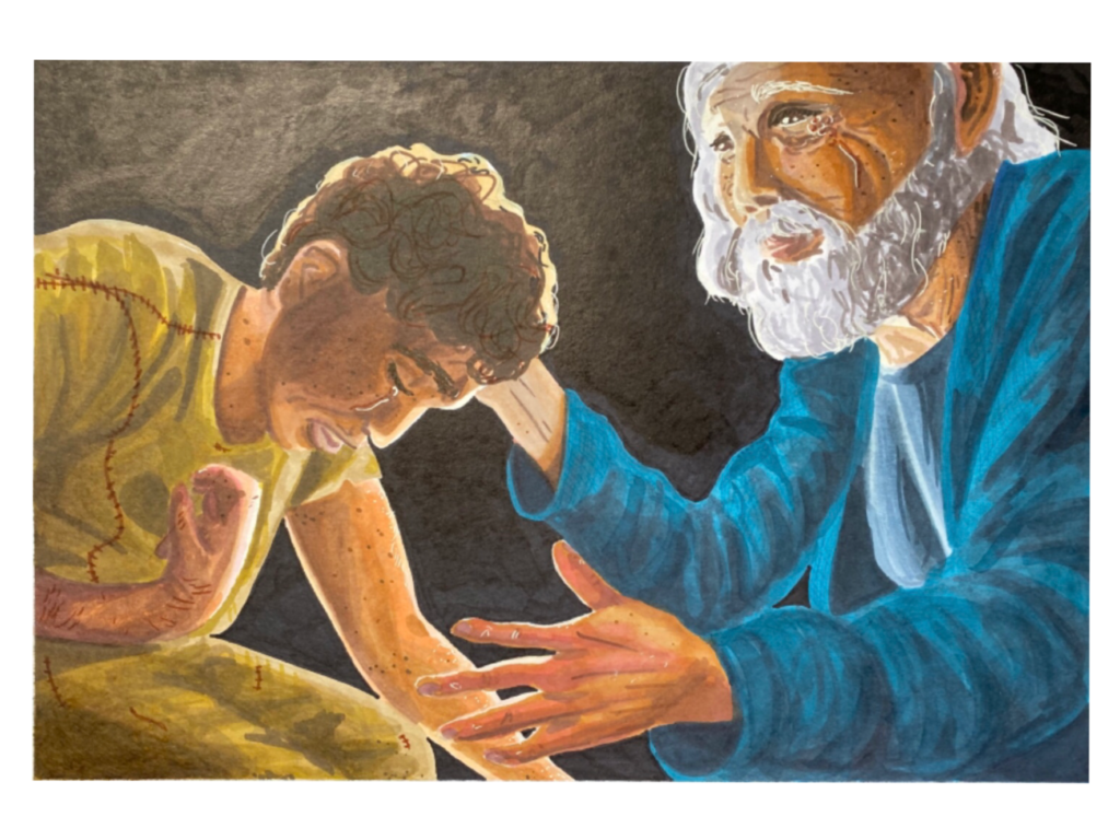 The Prodigal Son: A repentant prodigal son is met with open arms by a father who is crying for joy at his son's return.