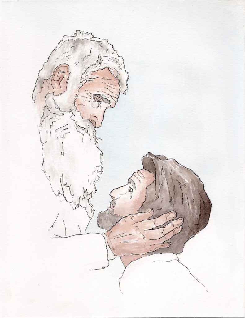 The father tenderly lifts the face of the repentant Prodigal Son.